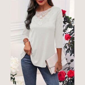 Elegant lace styling long sleeve lace collar splicing top for women pit strip commuting loose shirt for women