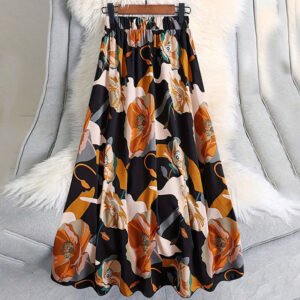 Slightly transparent elastic waist printed long skirt commuting versatile sling skirt umbrella skirt women's clothing