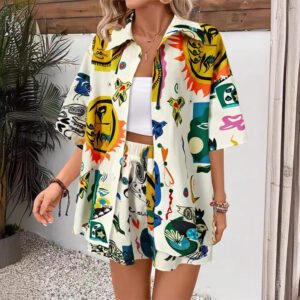 Graffiti printed cardigan shirt and shorts two-piece set contrasting casual pants casual suit for women spring and autumn clothes
