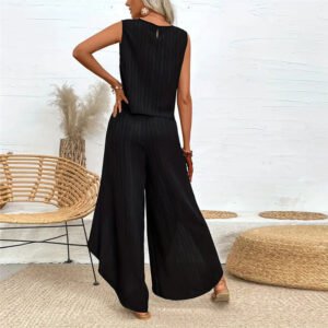 Women's solid color casual pants wide-leg pants round neck sleeveless shirt two-piece suit for women's casual suit