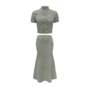 Casual short top high waist lotus leaf plaid skirt women's two-piece set