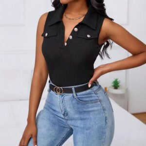 Women's clothing lapel contrast color decorative buckle pit strip slim collar knitted sleeveless vest for women