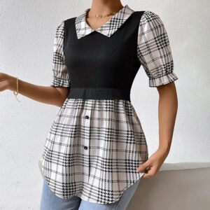 Women's fake two-piece short-sleeved puff sleeve contrasting splicing tops for women buttons plaid irregular dress for women