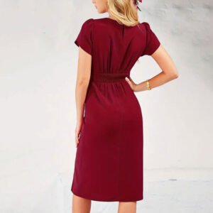 Women's elastic waist slit pleated dress elegant round neck commuter hip skirt