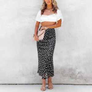 Autumn women's dress with floral mesh lace elastic high waist hip midi skirt