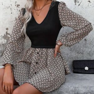 Women's spliced ​​puff sleeve buttons deep hem irregular dress skirt