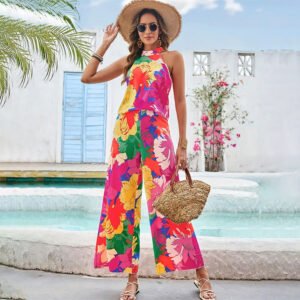 Women's printed sleeveless vest wide-leg pants bell-bottom pants suit summer two-piece set high-end women's suit