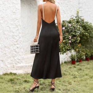 Dress halter neck pearl chain temperament women's high-end sense backless satin dress for women