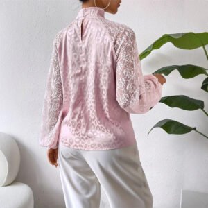 Thin long-sleeved tops, perspective lantern sleeves, satin jacquard, romantic lace stand-up collar women's pull-up shirt