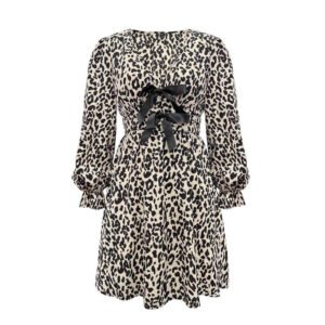 Women's Spring and Autumn Bow Sexy Leopard Print Waist Pleated Dress