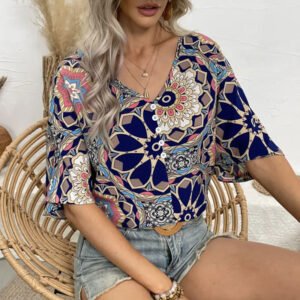 Women's loose version bat sleeve short-sleeved top for women's national style printed shirt for women spring and autumn