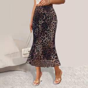 Women's skirt sexy leopard print stretch mesh perspective skirt knitted versatile fishtail skirt long skirt