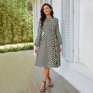 Elegant style dress Lantern sleeve pleated waist long sleeve dress commuter women's skirt