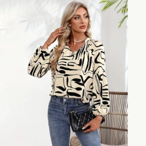 irregular printed collar shirt commuter loose long sleeve top for women
