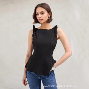 Women's clothing Black women's shirt sleeveless ruffle waist shirt bow knitted top