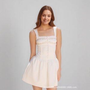 Women's Clothing Elegant Sweet and Fresh Square Collar High Waist Embroidered Dress Short Skirt