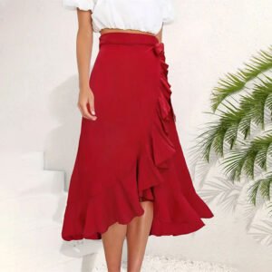 Strap-up ruffled irregular long skirt high-end solid color skirt women's clothing