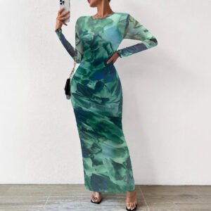 Long-sleeved floral mesh sexy women's suspender lining stretch two-piece dress