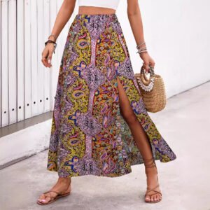 Famous style personalized printed slit skirt high-end women's skirt skirt