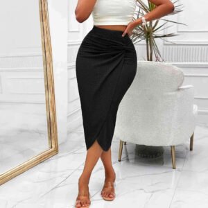 Women's solid color skirt kink loose high waist mid-length slit hip-pack skirt