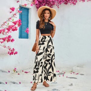 Leaf printed casual pants, wide-leg pants, short-sleeved two-piece tight umbilical shirt set