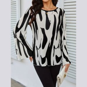 pleated printed flared sleeves long sleeve top for women loose round neck shirt for women