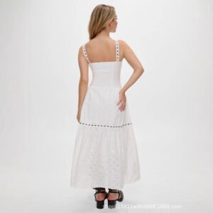 Women's clothing, hollow elegant slim sleeveless front button design dress, goddess skirt, big hem skirt, suspender skirt