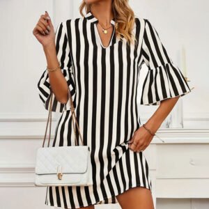 Striped skirt mid-sleeved flared sleeve loose short skirt skirt dress women's design sense