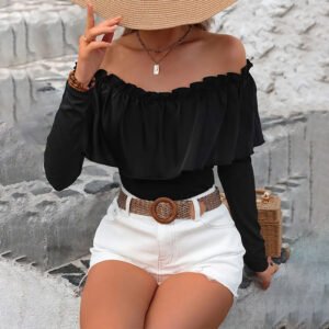 Mesh spliced ​​long sleeves one-length neckline sexy sexy girl slim body clothes for women