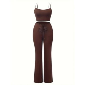 Women's black style women's sexy slings with a belly button, front middle drawstring bell-bottom trousers two-piece set