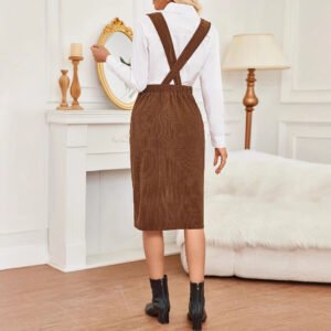 Modern and fashionable midi skirt, slit adjustable strap pocket, women's corduroy strap skirt