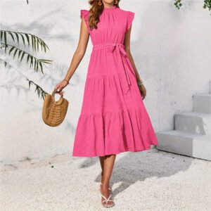 Texture crepe romantic vacation style long skirt with lotus leafs, layered cake dress with first love style