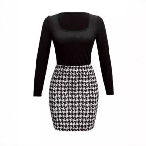 Knitted long-sleeved base shirt printed hip-pack skirt stretch versatile two-piece suit for women