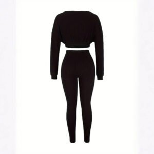 Sports and casual women's clothing round neck pullover short long sleeve top slim trousers knitted two-piece set