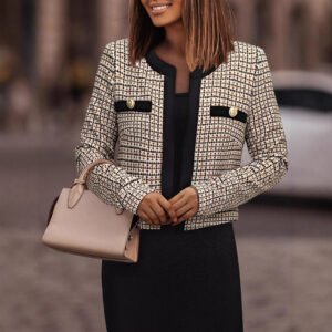 Style knitted elastic suspender hip skirt plaid cardigan jacket slit dress two-piece set