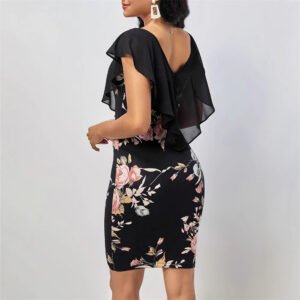 Fake two-piece floral print frilled slim collar dress