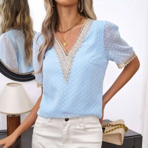 Women's summer elegant commuter lace decoration micro-transparent neck short-sleeved top polka dot mesh shirt