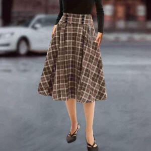Classic velvet plaid double-breasted high-waist long umbrella skirt for women