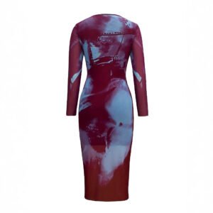 Fashionable sexy body positioning printed semi-translucent long-sleeved mesh dress