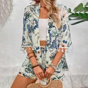 Women's loose shirt Beach pants set printed tassel short two-piece top for women