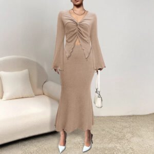 Women's suit kink flap sleeve short top and hip fishtail skirt two-piece suit for women