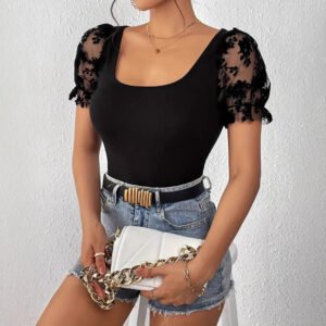 Women's square collar jacquard mesh perspective puff sleeve top Women's knitted stretch slim shirt