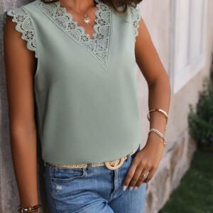 Women's elegant lace embellished woven vest sleeveless collar shirt base shirt