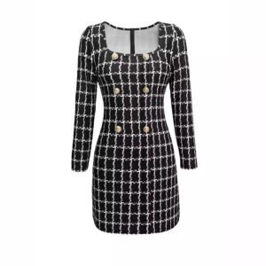 Skirts for women, elegant commuter square collar plaid printed buttons, long-sleeved dress
