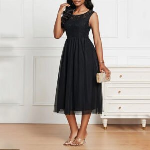 Skirt Lace mesh spliced ​​transparent round neck sleeveless dress skirt long high-end women's clothing