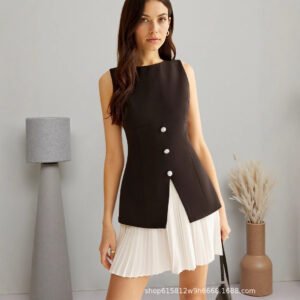 Small fragrant style pressing and pleated waist round neck short women's dress with high-end feeling