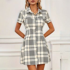 Printed shirt skirt short sleeve waist houndstooth plaid skirt dress women's high-end feeling