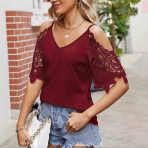 Lace sleeve neck solid color suspender lace off-shoulder casual shirt ladies top