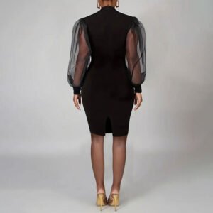 Women's elegant stand-up collar perspective lantern sleeves stretch slim dress mesh spliced ​​sexy slit hip skirt