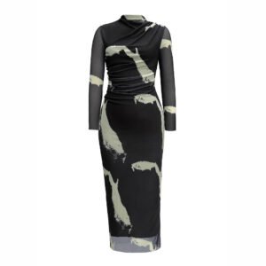 Women's Fashion Mesh Print Sexy Tight Slit Round Neck Dress